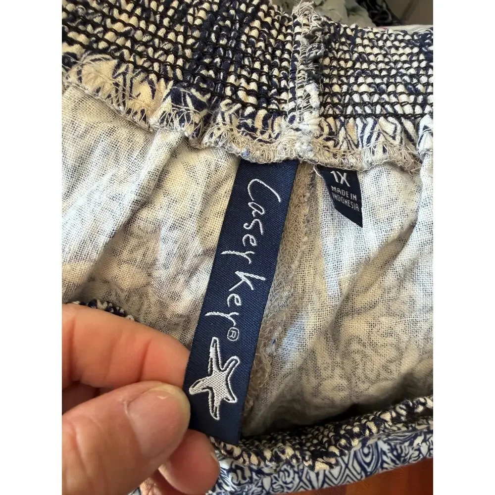 Casey Key 1X Blue White Boho Wide Leg Palazzo Pants Smocked Waist Coastal